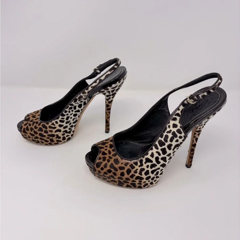 Gucci Sofia Leopard Print Calf Hair Platform Peep Toe Slingback Pumps Heels - Picture 2 of 10